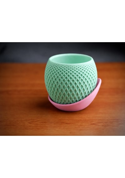 3d Baskı Küre Saksı - Kafes Dokulu İki Parçalı Dekoratif Saksı - Mint-pembe