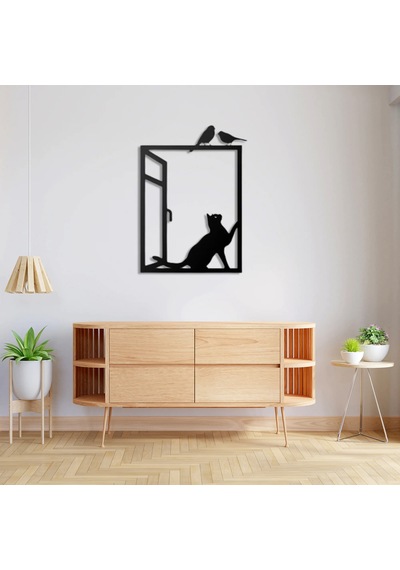 Camdaki Kedi Metal Tablo Siyah