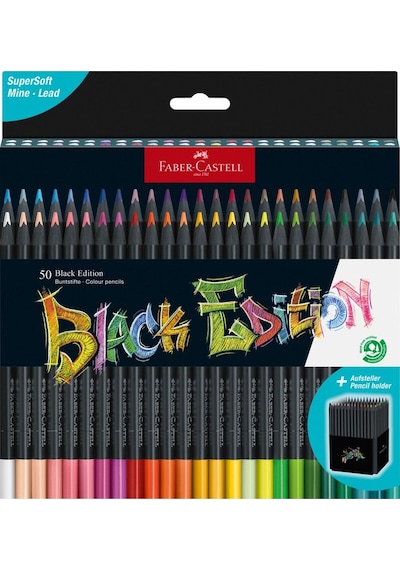 Faber-Castell Renkli kalemler Blackwood, Black Edition, 50'li kutu, parlak renkler, yumuşak çizgili, siyah ahşap