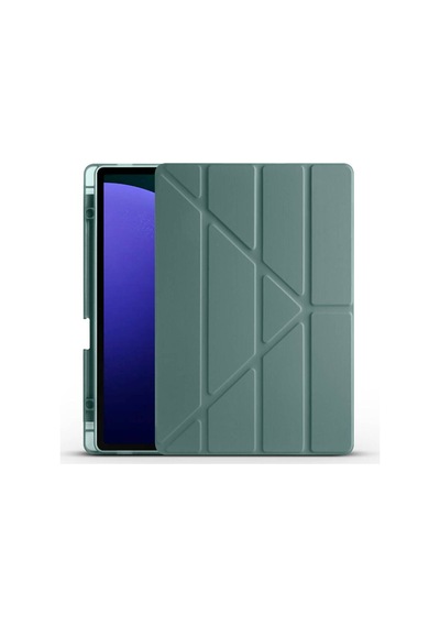 Galaxy Uyumlu  Tab S9 Fe Plus Kılıf Pak Tri Folding Kalem Bölmeli Standlı Kılıf-koyu Yeşil Arka Kapak