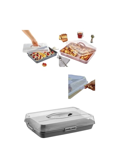 Kilitli Kapaklı Dikdörtgen Saklama Ve Taşıma Kabı 42x29x10 Cm Pasta, Kek, Börek Kabı Çok Renkli