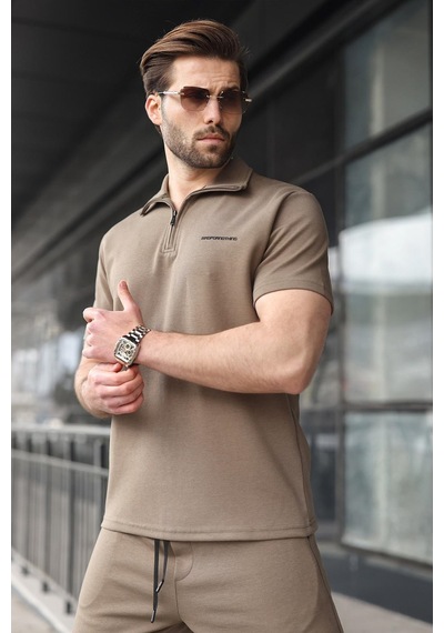 Madmext Haki Yarım Fermuarlı Polo Yaka T-shirt Şort Takım E7348 Haki