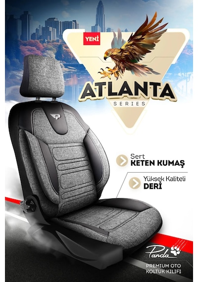 Gri - Siyah Panda Atlanta Serisi Keten Kumaş Oto Koltuk Kılıfı - Tam Set