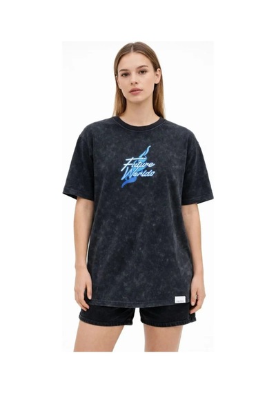 Butik İstanbul Asit Yıkamalı Oversize Tişört Future Worlds Baskılı Bisiklet Yaka Kısa Kollu Streetwear %100 Pamuk Street Style T-shirt - Siyah