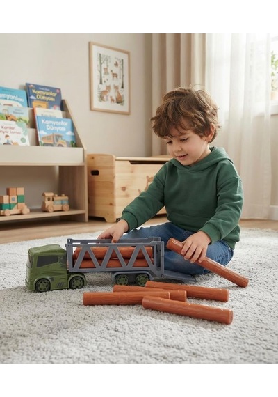 Timber Truck 38 Cm 8 Adet Büyük Boy Kütük Taşıyan Oyuncak Askeri Kamyon Orman Kesim Kamyonu