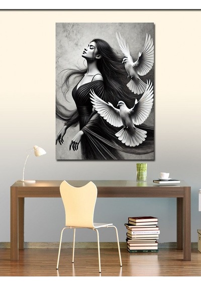 Kanvas Tablo Uçan Beyaz Güvercin Ve Kadın Silüeti 50cmx70cm