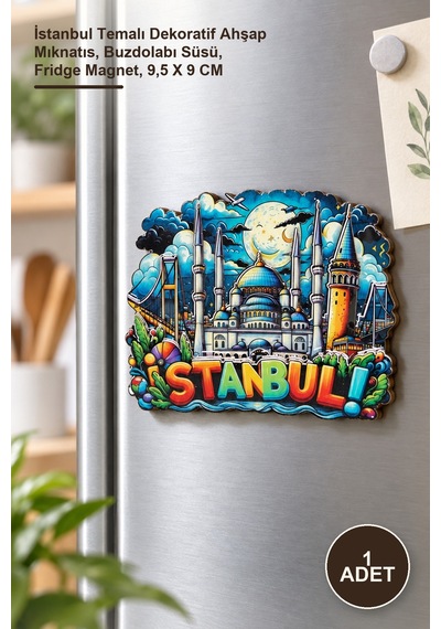 1 Adet Ahşap Magnet İstanbul Temalı Dekoratif Ahşap Mıknatıs, Buzdolabı Süsü, Fridge Magnet, 9,5 X 9 Cm