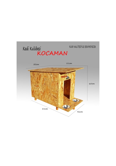 Çelik Mama Kabı + Kedi Kulübesi Büyük Ahşap Kedi Evi 81 x 46 x 60 CM