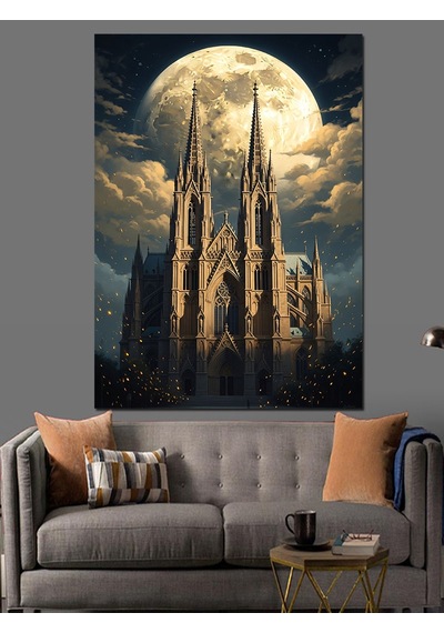 Gece Işıkları Altında Gotik Katedral Dekoratif Kanvas - Mdf Ahşap Tablo