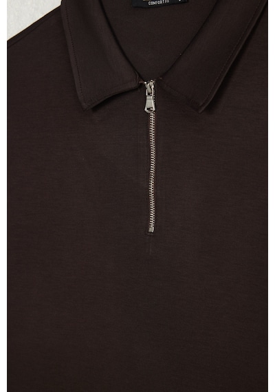 Tudors Erkek Slım Fit Dar Kesim Soft Modal Kumaş Kısa Kollu Yarım Fermuarlı Kahverengi Polo Yaka Tişört-51036
