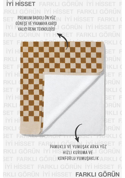 Damalı Kare Desenli Bej Plaj Havlu Örtüsu - Modern Minimalist Kahverengi Kum Tutmayan Havlu Örtü Çok Renkli