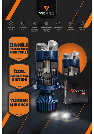 H4 Platinum Mercekli Led Far Ampulü 12v Çift Fazlı Uzun Kısa Fanlı Beyaz Işık