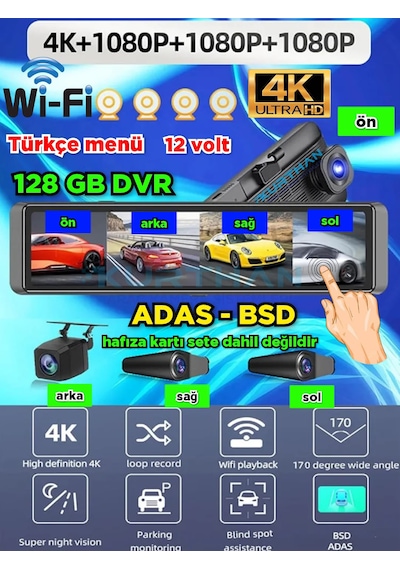4 Kameralı Dvr Ayna Monitör 128 Gb 12 Volt Adas-bsd