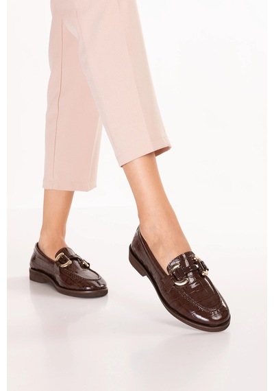Gondol Kadın Hakiki Deri Tokalı Loafer Ayakkabı Crm.181 Kahve Croco