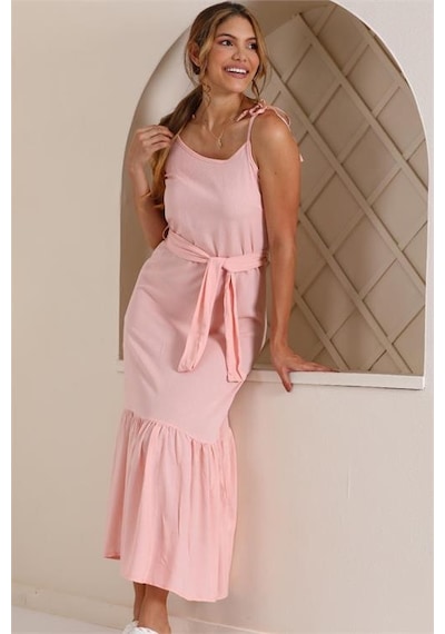 Neşeli Butik Kadın Kirinkil Askılı Eteği Fırfırlı Uzun Elbise Kklf32 Pudra