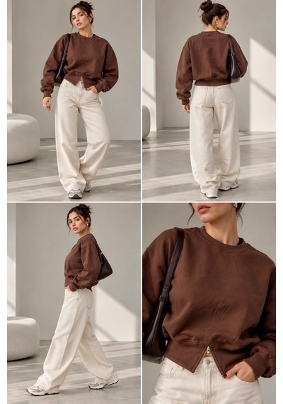 Bbbutikbasic Fermuar Detaylı Şardonlu 3 İplik Kadın Sweatshirt My3535 Kahverengi