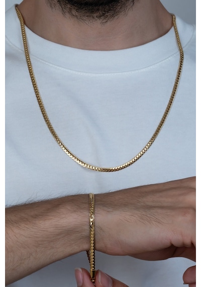 Gold Ezme Yassı Yılan Çelik Unisex Kolye Ve Bileklik Seti Eck37S