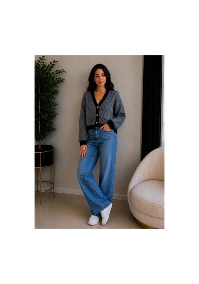 Hira Life Fashion Kadın V Yaka Düğmeli Şeritli Kısa Crop Ceket-hırka Antrasit Antrasit