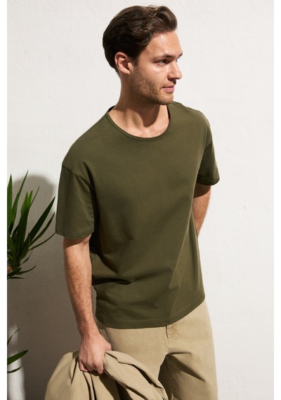 Grimelange Axıon Erkek %100 Organik Pamuklu Yuvarlak Yakalı Regular Fit Haki T-shirt