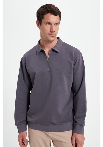Tudors Erkek Relax Fit Rahat Kesim Pamuklu 3 İplik Fermuarlı Polo Yaka Koyu Gri Sweatshirt-41817 Koyu Gri