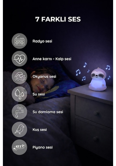 Lunora Beyaz Gürültü Makinesi Bebek Uyku Cihazı 7 Ses 9 Renk Gece Lambası Ekru Ekru