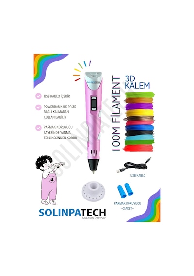 Pembe 3D Kalem 3D Pen Yazıcı Kalem | 20 Adet 5 Metre (Toplam 100 Metre) Filament + USB KABLO