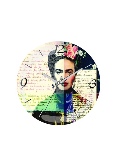 Frida Kahlo Mektup Çap 30cm Sessiz Akar Bombeli Gerçek Cam Duvar Saati Çok Renkli