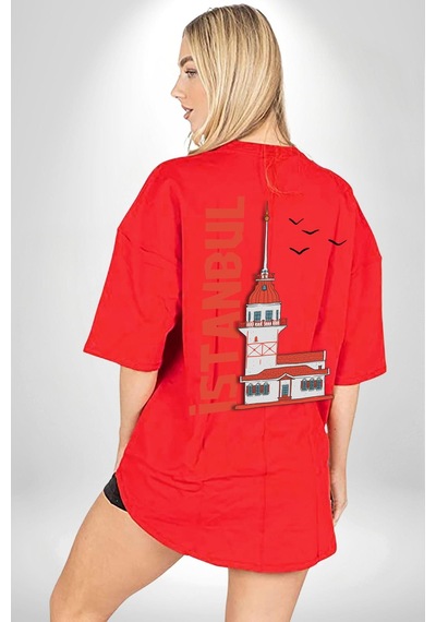 İstanbul Kız Kulesi Türkiye Kırmızı Oversize Unisex Ön Ve Sırt Baskılı Tişört Kırmızı