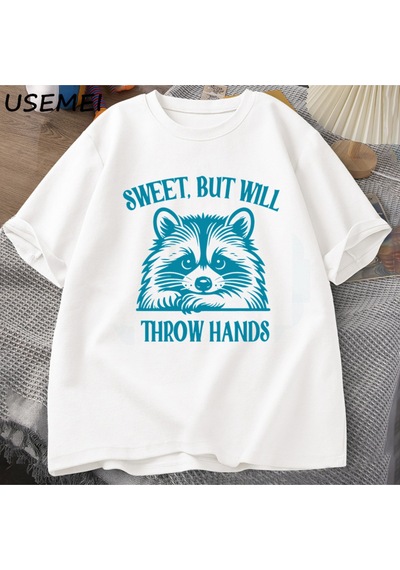 Flood Of Style Tatlı Ama El Atacak Baskılı T-shirt Erkek Kadın Komik Rakun Meme T Çöp Panda Tshirt Ya Beyaz