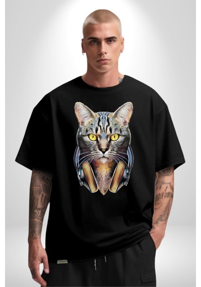 Kulaklık Kedi Pamuklu Bisiklet Yaka Unisex Oversize Boyfriend Dijital Baskılı Siyah T-shirt Siyah