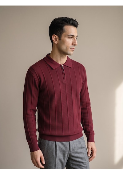 Maccali Erkek Bordo Waffle Dokulu Fermuarlı Polo Yaka Triko Kazak