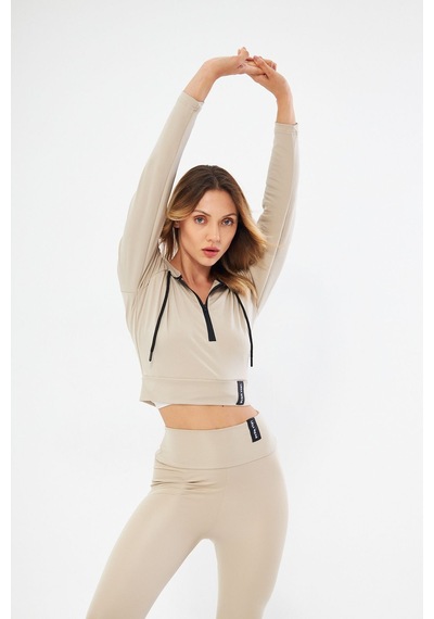 Lesa Wear Kapüşonlu Içi Polarlı Yumuşacık Şardonlu Kaşkorse Crop Likra Sweatshirt BEJ