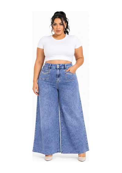Zanessi Büyük Beden Denim Taşlı Yüksek Bel Ön Cep Detaylı Taşlı Bol Paça Kadın Pantolon Mavi Zanessi Büyük Beden Denim Taşlı Yüksek Bel Ön Cep Detaylı Taşlı Bol Paça Kadın Pantolon Mavi