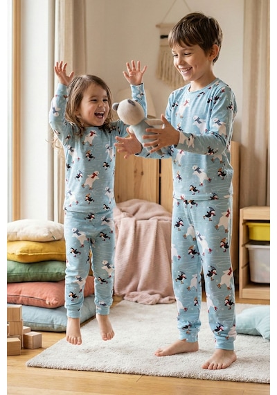 Zuzunga Unisex İnterlok Bebe Mavisi Yılbaşı Temalı Pijama Takımı Mavi