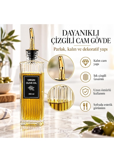 Cam Yağdanlık 350 Ml - Gold Tipal Akıtmaz Başlıklı Yağlık Sirkelik - Zeytinyağı Ayçiçek Yağı Sirke Ve Soslar İçin Çizgili Cam Şişe - Damlama Önleyici Mutfak Yağ Şişesi 7x7x22 Cm Diğer