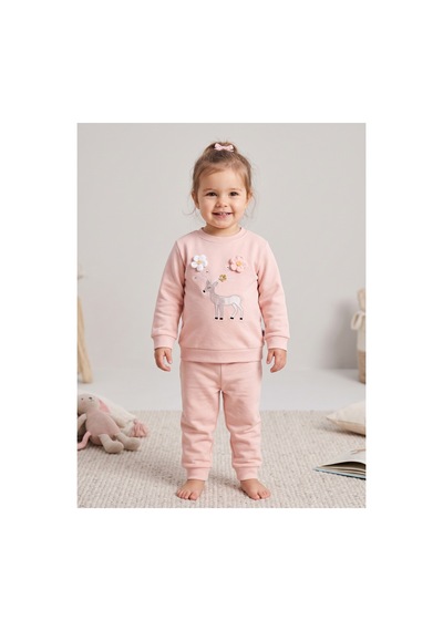 Deniva Kids Kız Bebek Pudra Pembe Geyik İşlemeli 3 Boyutlu Çiçek Detaylı Pamuklu 2'li Takım