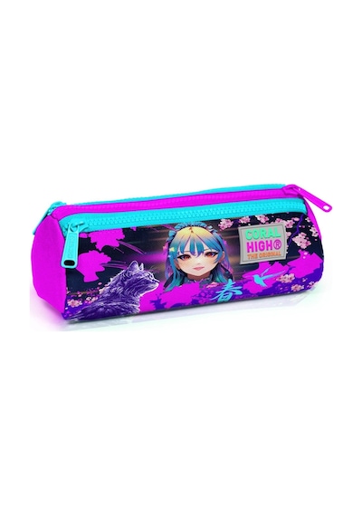 Coral High Mor Pembe Anime Kedi Üç Bölmeli Kalem Çantası - Kız Çocuk