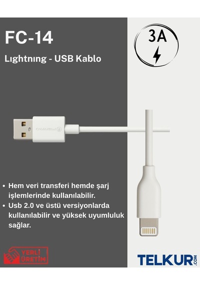 Ferro Fc-14 Usb & Lightıng Hızlı Şarj Ve Data Kablosu 3.0 Amper