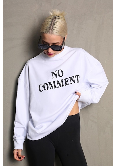 Madmext Beyaz Bisiklet Yaka Baskılı Oversize Kadın Sweatshirt Mg1902 Beyaz