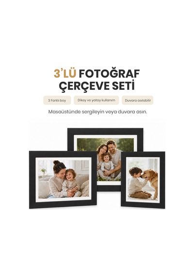 Vusıgn Mdf Siyah Masaüstü Ve Duvar Askılı Çerçeve Fotoğraf Çerçevesi 3'lü Set