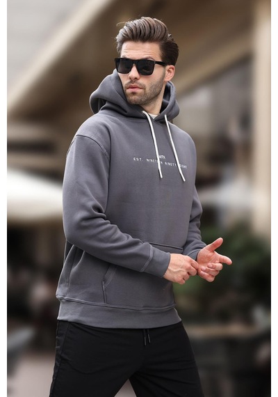 Madmext Füme Kapüşonlu Nakış Detaylı Cepli Erkek Sweatshirt 7066-füme Füme