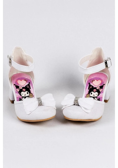 Nese Shoes Kız Çocuk Karakter Baskılı Topuklu Ayakkabı, Simli Fiyonklu Abiye Ayakkabı Ekru