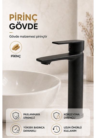 Mat Siyah Çanak Lavabo Bataryası Pirinç Gövde Yüksek Tip Tezgâh Üstü Sıcak Soğuk Banyo Musluğu
