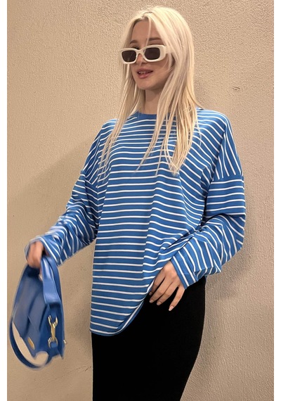 Madmext Mavi Çizgili Sweatshirt Mg980 Mavi