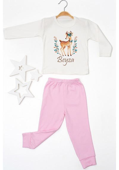 Pia Baby İsimli Kız Çocuk Pijama Takımı %100 Pamuk Penye İsme Özel Baskılı Kişiselleştirilebilir Pijama Seti 20368p14pi Krem