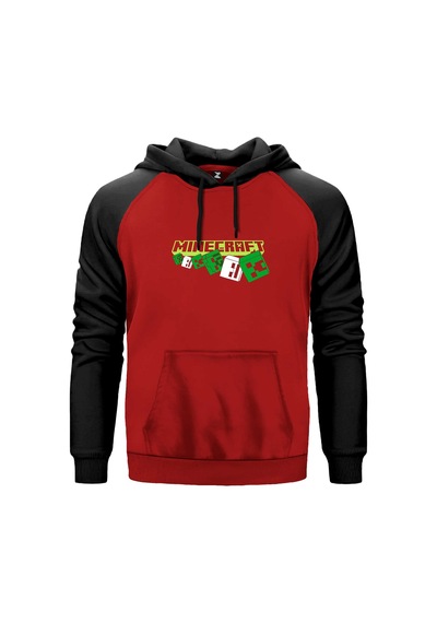 Minecraft Skeleton And Creeper Kırmızı Renk Reglan Kol Sweatshirt Kapşonlu