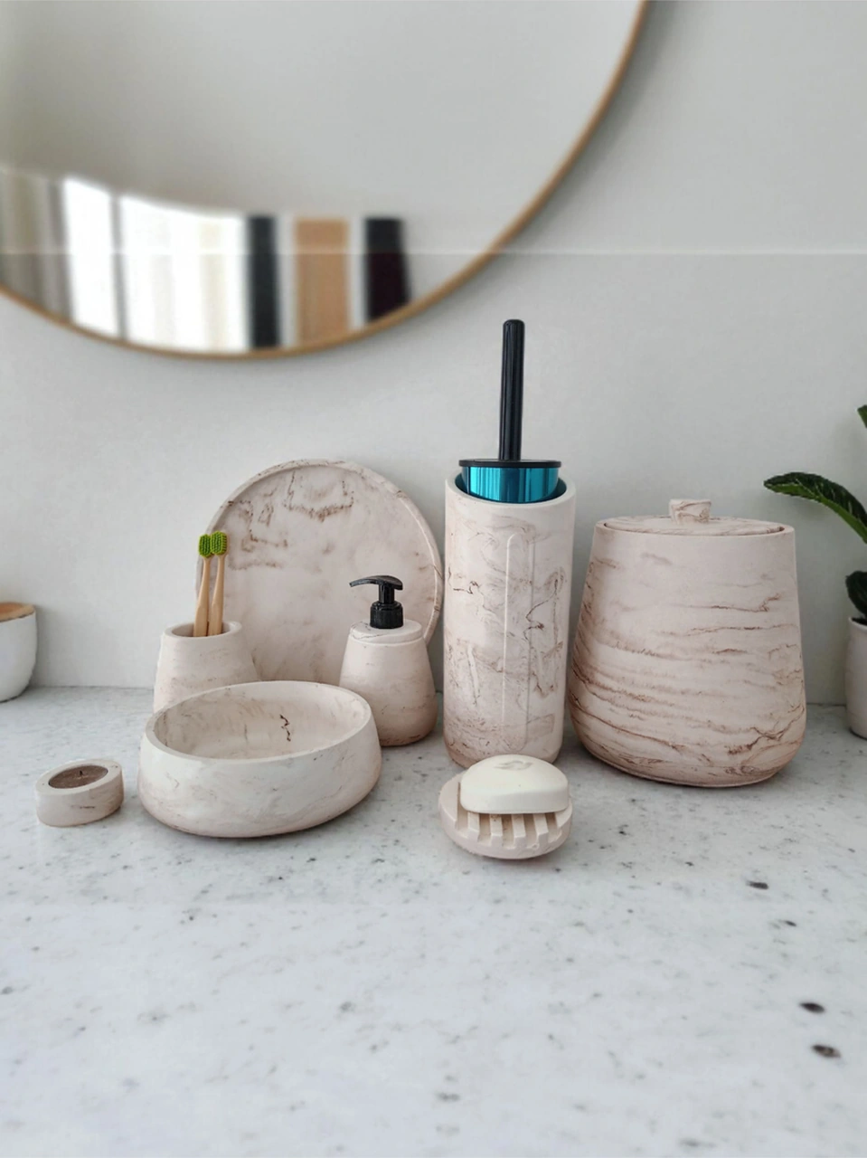 Mermer Desen Beton Banyo Seti,tuvalet Wc,çöp Kovası,katı,sıvı Sabunluk,tepsi,dekorasyon,aksesuar Gri