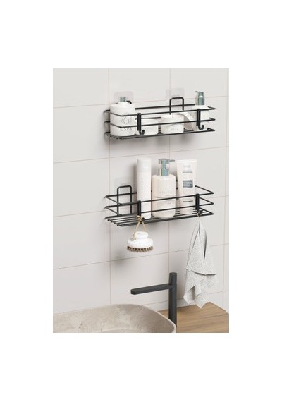 Yapışkanlı 2'li Set, Duvar Düzenleyici Banyo Rafı Ve Şampuanlık Açık Kahverengi