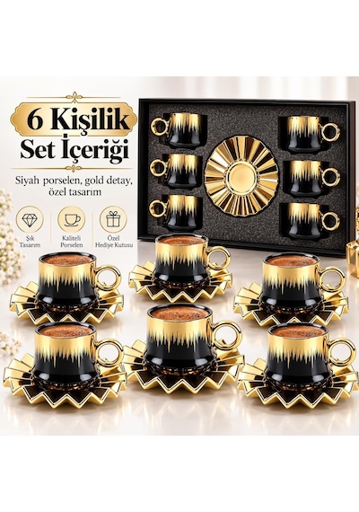 6 Kişilik 12 Parça Türk Kahvesi Fincan Seti 100 Ml Siyah Gold Detaylı Porselen Çok Renkli