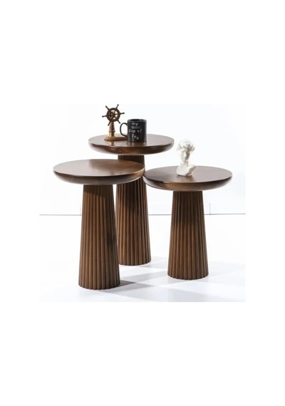 Wood Wooden 3 Lü Set Fitilli Mantar Yan Sehpa Modern Koyu Ceviz Renk Fiskos Kahverengi